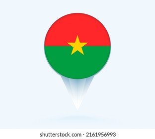 Mapa el puntero con la bandera de Burkina Faso. Señal de la bandera del vector en fondo azul.