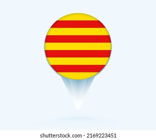 Map pointer with flag of Catalonia. Vector flag sign on blue background.