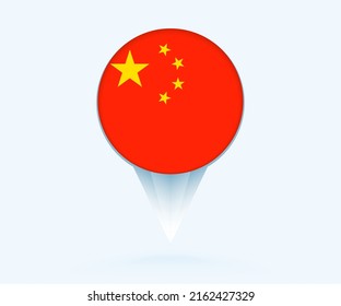 Map pointer with flag of China. Vector flag sign on blue background.