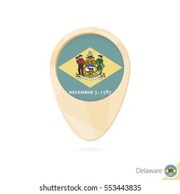 Map pointer with flag of Delaware. Orange abstract map icon. Vector Illustration.
