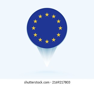 Map pointer with flag of European Union. Vector flag sign on blue background.