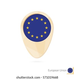 Map pointer with flag of European Union. Orange abstract map icon. Vector Illustration.