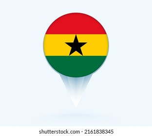 Map pointer with flag of Ghana. Vector flag sign on blue background.