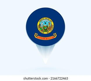 Map pointer with flag of Idaho. Vector flag sign on blue background.