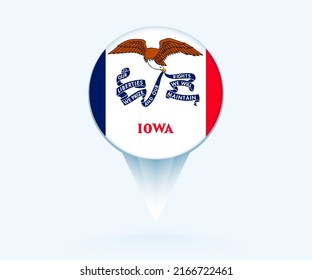 Map pointer with flag of Iowa. Vector flag sign on blue background.