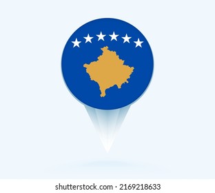 Map pointer with flag of Kosovo. Vector flag sign on blue background.