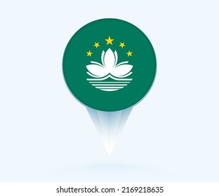 Map pointer with flag of Macau. Vector flag sign on blue background.