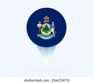 Map pointer with flag of Maine. Vector flag sign on blue background.