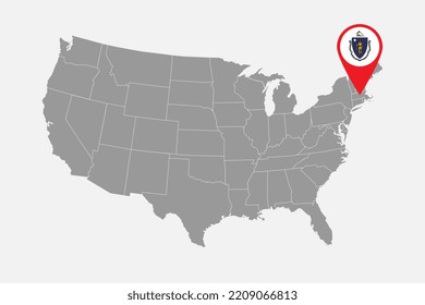 Map pointer with flag of Massachusetts. Vector illustration.