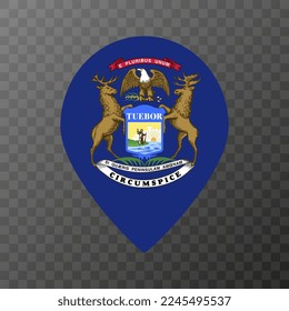 Map pointer with flag Michigan state. Vector illustration.