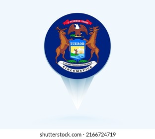 Map pointer with flag of Michigan. Vector flag sign on blue background.