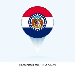 Map pointer with flag of Missouri. Vector flag sign on blue background.