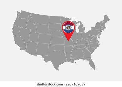 Map pointer with flag of Missouri. Vector illustration.