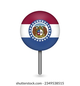 Map pointer with flag of Missouri. Vector illustration.