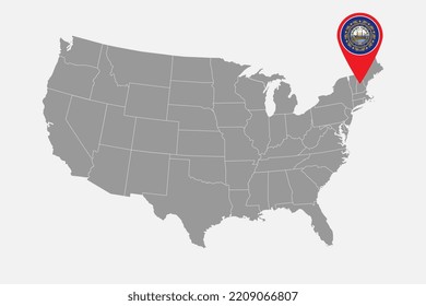 Map pointer with flag of New Hampshire. Vector illustration.