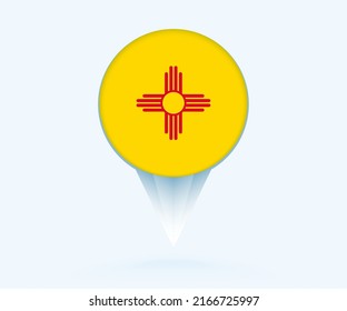 Map pointer with flag of New Mexico. Vector flag sign on blue background.