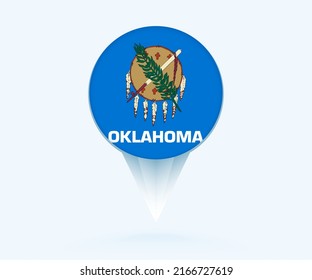 Map pointer with flag of Oklahoma. Vector flag sign on blue background.
