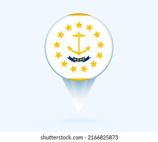 Map pointer with flag of Rhode Island. Vector flag sign on blue background.