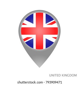 Map pointer with flag of United Kingdom. Gray abstract map icon. Vector Illustration.