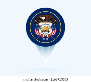 Map pointer with flag of Utah. Vector flag sign on blue background.