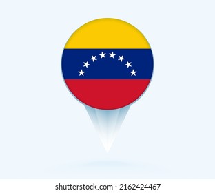 Map pointer with flag of Venezuela. Vector flag sign on blue background.