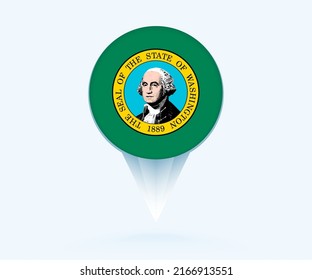 Map pointer with flag of Washington. Vector flag sign on blue background.