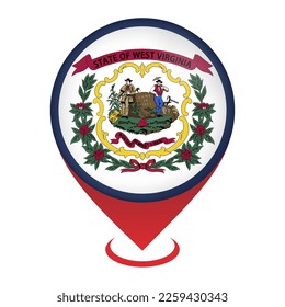 Map pointer with flag West Virginia state. Vector illustration.