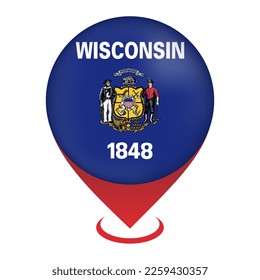 Map pointer with flag Wisconsin state. Vector illustration.