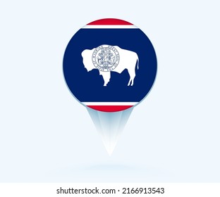 Map pointer with flag of Wyoming. Vector flag sign on blue background.