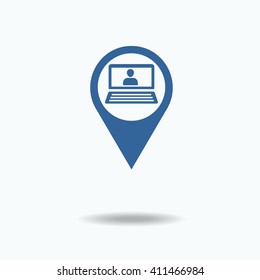 Map pointer flat icon with laptop icon inside and person, vector illustration. Flat design style. Service center.