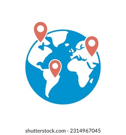 map pointer flat icon, location destination pin on globe