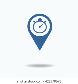 Map pointer flat icon with stopwatch icon inside , vector illustration. Flat design style. 