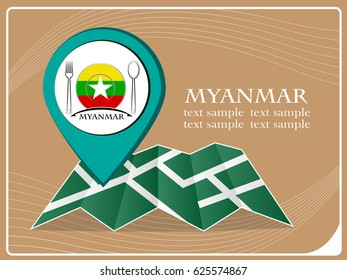 map with pointer food Myanmar, vector illustration.