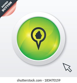 Map pointer food sign icon. Restaurant location marker symbol. Green shiny button. Modern UI website button with mouse cursor pointer. Vector
