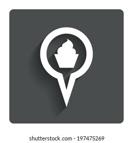 Map pointer food sign icon. Restaurant location marker symbol. Gray flat button with shadow. Modern UI website navigation. Vector