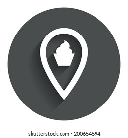 Map pointer food sign icon. Restaurant location marker symbol. Circle flat button with shadow. Modern UI website navigation. Vector