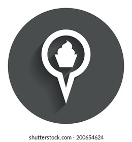 Map pointer food sign icon. Restaurant location marker symbol. Circle flat button with shadow. Modern UI website navigation. Vector