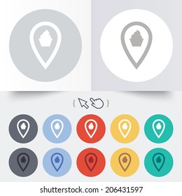 Map pointer food sign icon. Restaurant location marker symbol. Round 12 circle buttons. Shadow. Hand cursor pointer. Vector