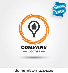 Map pointer food sign icon. Restaurant location marker symbol. Business abstract circle logo. Logotype with Thank you ribbon. Vector