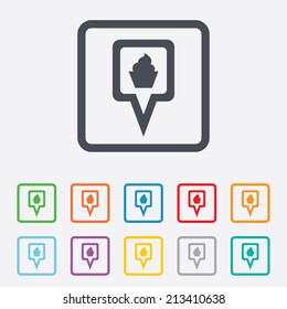 Map pointer food sign icon. Restaurant location marker symbol. Round squares buttons with frame. Vector