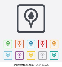 Map pointer food sign icon. Restaurant location marker symbol. Round squares buttons with frame. Vector