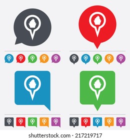 Map pointer food sign icon. Restaurant location marker symbol. Speech bubbles information icons. 24 colored buttons. Vector