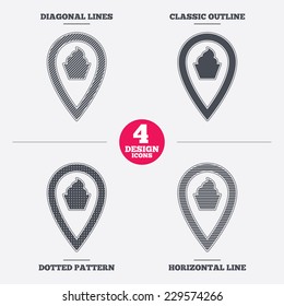 Map pointer food sign icon. Restaurant location marker symbol. Diagonal and horizontal lines, classic outline, dotted texture. Pattern design icons.  Vector
