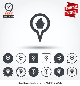 Map pointer food sign icon. Restaurant location marker symbol. Circle, star, speech bubble and square buttons. Award medal with check mark. Thank you ribbon. Vector