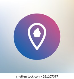 Map pointer food sign icon. Restaurant location marker symbol. Icon on blurred background. Vector
