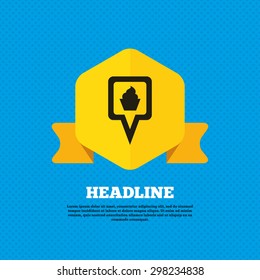 Map pointer food sign icon. Restaurant location marker symbol. Yellow label tag. Circles seamless pattern on back. Vector
