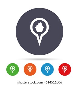 Map pointer food sign icon. Restaurant location marker symbol. Round colourful buttons with flat icons. Vector
