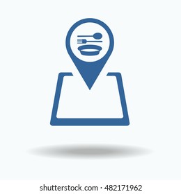 Map pointer with fork , plate, spoon. vector illustration eps 10. Flat icon, One of set web icons. food icon, tourism concept.