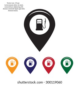 Map pointer with gas station icon. Vector illustration.