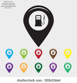 Map pointer with gas station icon. Vector illustration.